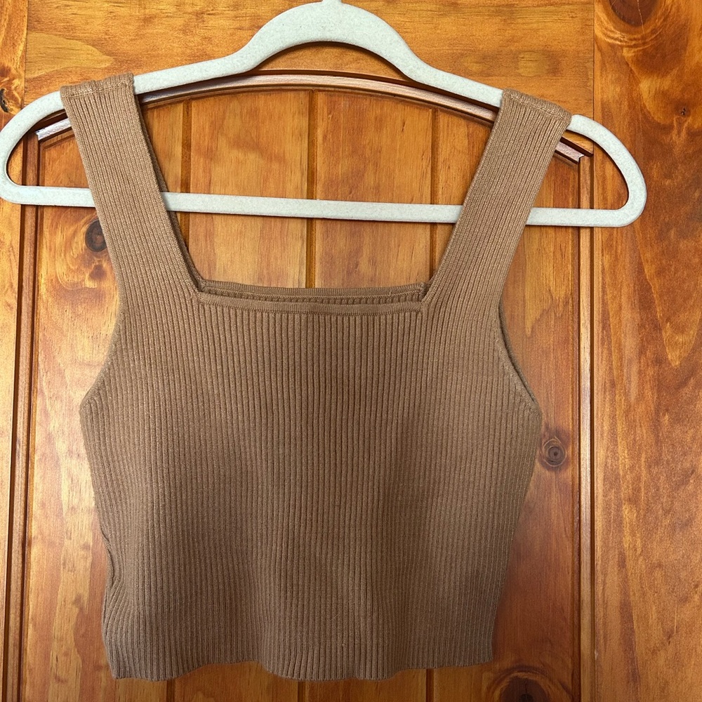 Ribbed Brown Square Neck Crop Top